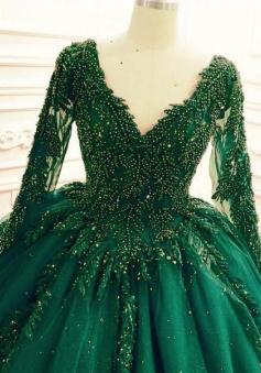 Floor Length Ball Gown Lace Beading Green Prom Dress With Long Sleeves