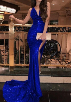 Mermaid Royal Blue Sequin Backless Evening Gowns