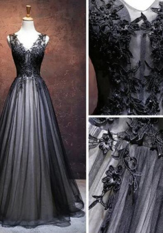 A Line Floor Length Tulle Evening Dress with Lace
