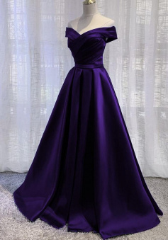 Off Shoulder Satin Dark Purple Long Prom Dress