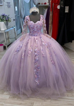 Princess Long Sleeves Lavender Ball Gown Prom Dresses With Lace