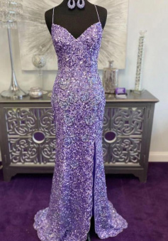 Mermaid v neck lavender sequin prom dress with side slit