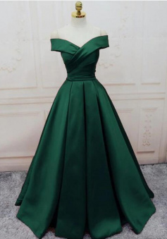 V-neck Off The Shoulder Emerald Green Long Satin Prom Dresses