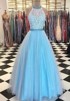 Sleeveless A Line Halter Lace Bodice Prom Gown