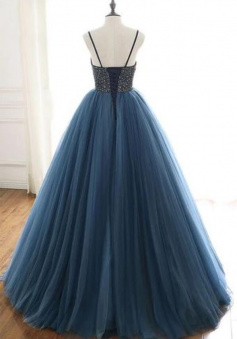 Floor Length Blue tulle sequin long prom dress