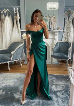 Off Shoulder Sexy Emerald Green Evening Dress with Leg Slit