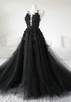 Mermaid Black tulle long prom dress with lace