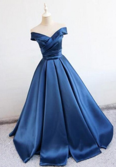 Simple off shoulder blue satin long formal dress