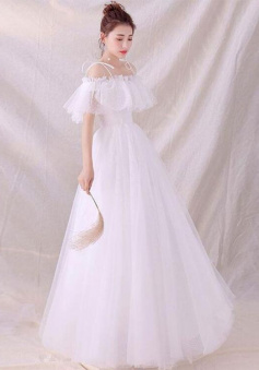 A Line White Off Shoulder Tulle Wedding Dresses