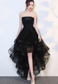 Fashion Strapless High Low Tulle Prom Dresses With Top Lace