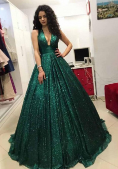 Sparkly Dark Green V-neck Sequins Ball Gown Prom Dress