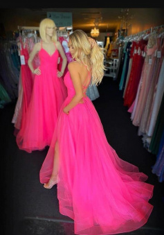 Spaghetti Straps Pink Tulle A-Line Prom Evening Dress With Side Split