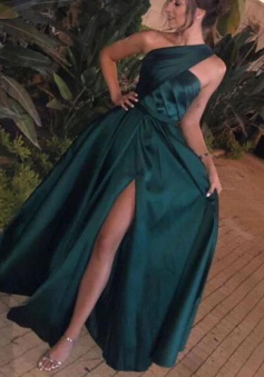 Floor length green prom dresses pleats with side slit