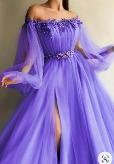 Off Shoulder princess purple tulle prom dress with split