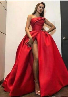 Sexy One Shoulder Slit Red Satin Prom Dress