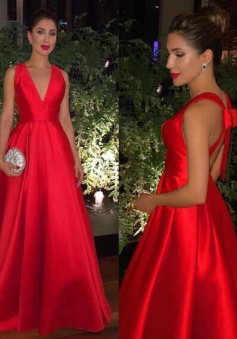 Floor Length Red V Neck Evening Dresses with Cross Back