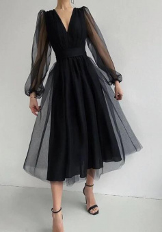 Unique Black Tulle Long Sleeves Prom Dress