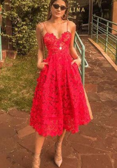 A-line Straps Appliques Red Short Prom Dress