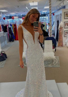 Mermaid V Neck White Sequin Prom Evening Dress