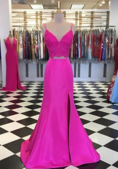 Mermaid Fuchsia V Neck Two Pieces Top Lace Satin Long Prom Dress with Slit