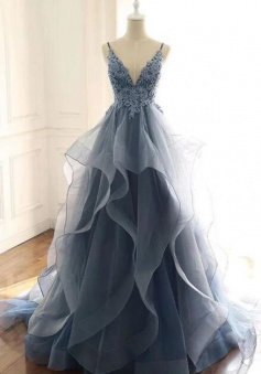 Mermaid Gray Tulle V Neck Lace Prom Dress Formal Dresses
