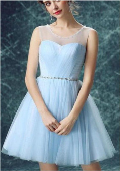 Cute Light Blue Illusion Tulle Short Homecoming Dresses