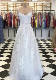 A Line White tulle lace long prom evening dress