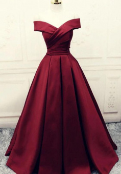 A Line Off Shoulder Burgundy Stain Prom Dresses