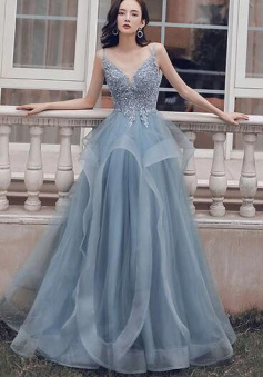 A Line v neck tulle lace long prom dress evening dress