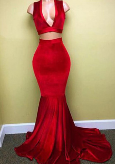 Simple red two pieces red prom dresses