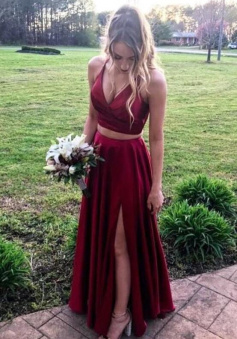 Two piece burgundy long prom dresses with slit