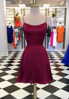 Simple straps short burgundy prom dresses homecoming dresses,