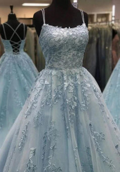 Mermaid Blue tulle lace long prom dress