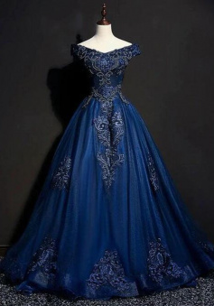 Off shoulder long prom dress blue tulle lace evening dress