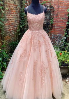 A Line Floor Length Tulle Pink Long Prom Dress with Lace