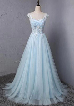 A-line Light blue tulle scoop neck sweet 16 prom dress