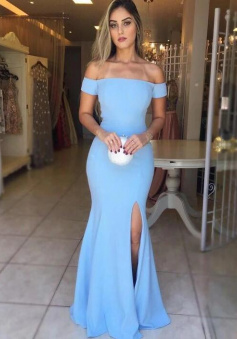 Light Blue off the shoulder Long Prom Dress with split