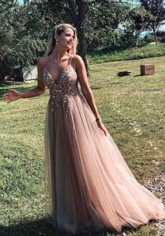 Straps crystal rose gold prom dresses formal dresses