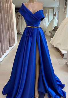 One Shoulder A Line Royal Blue Stain Prom Evening Dress