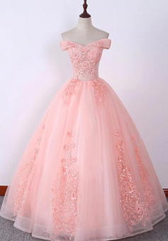 Off Shoulder Embroidery Pink Lace Applique Sweet 16 Prom Dress