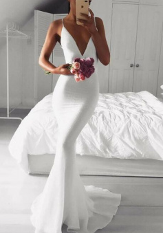 Spaghetti Straps Sweep Train Mermaid White Evening Dress