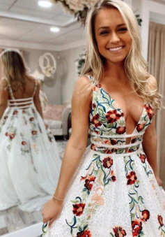 Handmade V Neck A-line Prom Dress with Floral