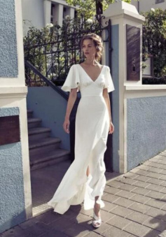 Beauty short sleeve white evening dress v neck prom dress