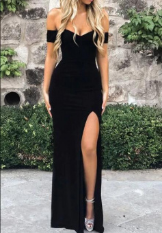 Off Shoulder Front Split Black Satin Prom Dress