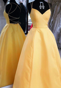 A Line Backless Yellow Prom Dress Long Evening Dress