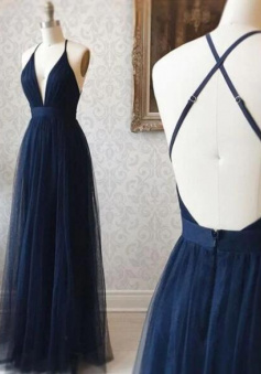 A Line V Neck Navy Blue Backless Prom Dresses