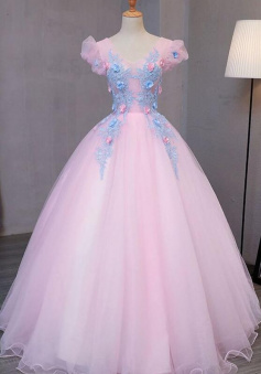 Special pink tulle V neck ball gown prom dress with blue flower