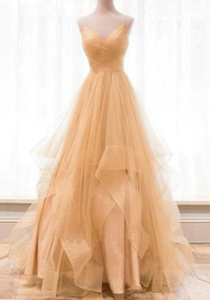 A Line gold v neck tulle long prom dress