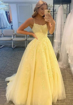 A line Yellow prom dress lace evening dress