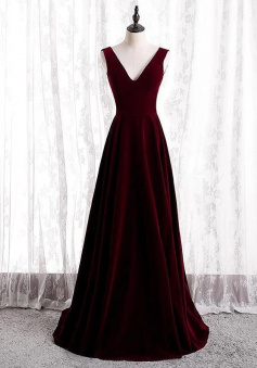 A-Line Wine Red Velvet Long Party Dress